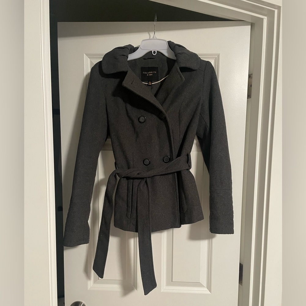 Celebrity Pink hooded belted peacoat